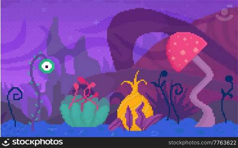 Pixel game interface layout design. Lilac pixelated alien street with flames. Gaming about space vector illustration. Space flowers with large petals, leaves and eyes. Landscape as background for game. Space flowers with large petals, leaves and eyes. Orange pixelated alien street with unknown plants