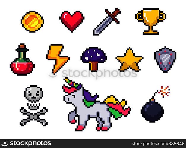 Pixel game items. Retro 8 bit games art, pixelated heart and star icon. Gaming pixels, arcade pixelation game unicorn, bomb and coin. Colorful isolated icons vector set. Pixel game items. Retro 8 bit games art, pixelated heart and star icon. Gaming pixels icons vector set