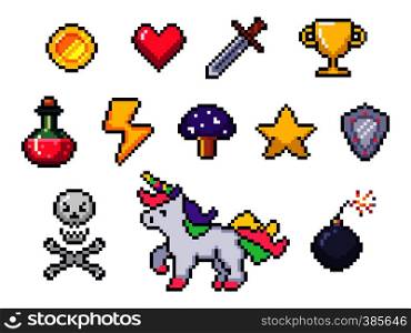 Pixel game items. Retro 8 bit games art, pixelated heart and star icon. Gaming pixels, arcade pixelation game unicorn, bomb and coin. Colorful isolated icons vector set. Pixel game items. Retro 8 bit games art, pixelated heart and star icon. Gaming pixels icons vector set