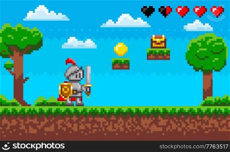 Pixel-game knight brave character. Pixelated natural landscape with warrior holding shield and sword standing in green meadow near platforms with coins. Cartoon pixel person to use in computer game. Pixel-game knight brave character. Pixelated natural landscape with warrior holding shield and sword