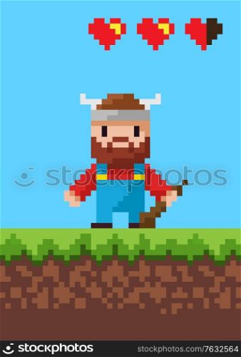 Pixel game, portrait view of cavalier character holding galive equipment, knight standing on grass, heart symbol of life, war element, adventure. Pixel-art vector, pixelated 8 bit game personage. Cavalier Character with Steel, Pixel Game Vector