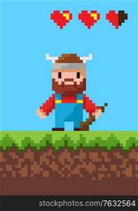 Pixel game, portrait view of cavalier character holding galive equipment, knight standing on grass, heart symbol of life, war element, adventure. Pixel-art vector, pixelated 8 bit game personage. Cavalier Character with Steel, Pixel Game Vector