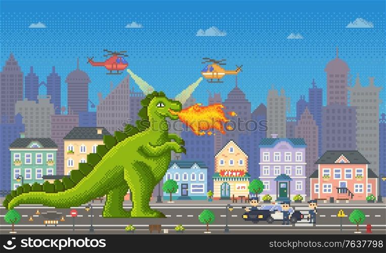 Pixel game retro style, dragon or dinosaur vector. Dangerous character of gaming process. Police fighting big monster with flames. Cityscape with skyscrapers and helicopters flying above creature. Pixel Game Dragon Character with Flames Vector