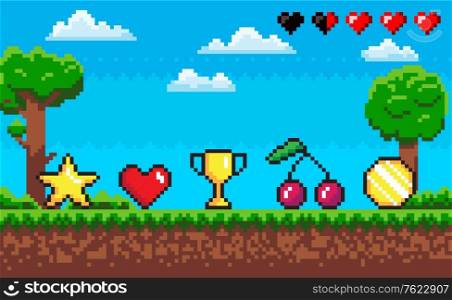 Pixel game scene vector, icons laying on ground. Tree and grass, trophy and heart, star and cherry, coin point score, meadow with sky and life scale, pixelated objects for video-game. Pixel Game Scene with Icons, Cherry and Star Coin