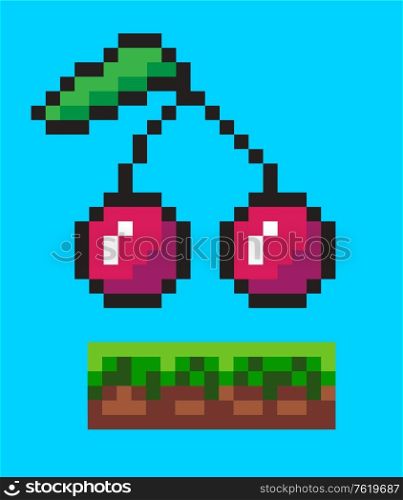 Pixel game vector, cherry on ground with grass and soil. Sweet berries on branch, foliage of plant, food and nutrition pixelated icon, flat style. Cherry on Ground Pixelated Icons Pixel Game Vector