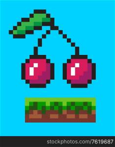 Pixel game vector, cherry on ground with grass and soil. Sweet berries on branch, foliage of plant, food and nutrition pixelated icon, flat style. Cherry on Ground Pixelated Icons Pixel Game Vector