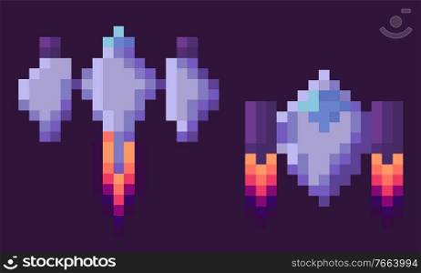 Pixel game vector, isolated set of spaceship run of fuel, outer space exploration, video gaming retro flat style. 8 Bit space ships with wings and flames, pixelated cosmic object for mobile app games. Pixel Game Spaceship Transportation Floating Set