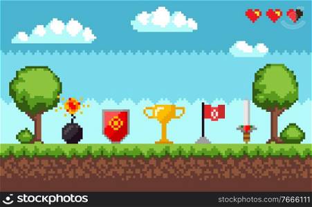 Pixel game vector, scene with nature landscape and trees with grass. Gold coin and trophy, sword and pole with flag, bomb and shield health point. Pixel Game with Icons and Signs on Ground Scene