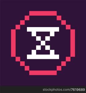 Pixel glass button vector, isolated sign in frame denoting time and deadline, hourglass with sand, timer counting minutes and hours flat style graphics. Hour Glass Time Icon in Pixel Style Retro Game