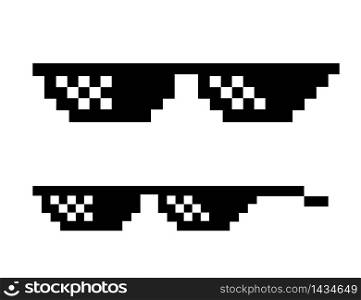 Pixel glasses in boss style. Black sunglass in 8 bit. Eyeglass meme in funny design. Isolated cool style of gangster glasses. Mafia or rapper thug life. Gangster fashion. Vector EPS 10