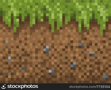 Pixel grass, ground and stone blocks pattern. Cubic pixel game background. 8bit gaming interface 2d technology. Retro wallpaper or backdrop with soil layer and pebbles underground cross section. Pixel grass, ground and stone blocks pattern