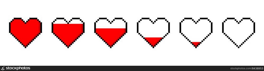 Pixel heart icon set with different hearts