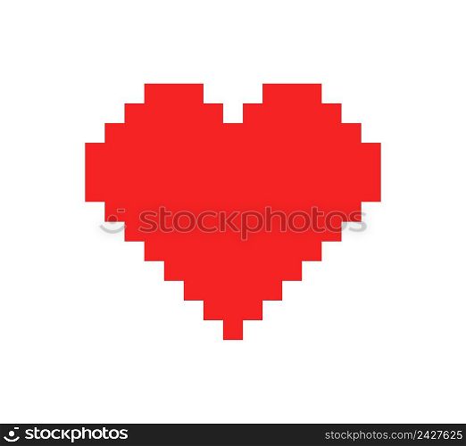 Pixel heart. Pixel heart icon for 8 bit game. Digital art for gamer, computer and love. Red symbol of health isolated on white background. Vector.
