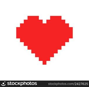 Pixel heart. Pixel heart icon for 8 bit game. Digital art for gamer, computer and love. Red symbol of health isolated on white background. Vector.
