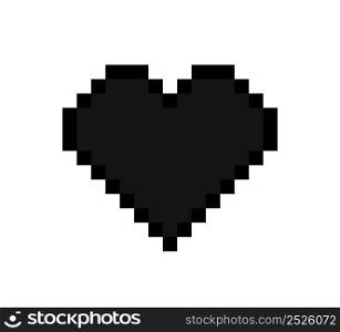 Pixel heart. Pixel heart icon for 8 bit game. Digital art for computer game. Black icon for love, gamer and hearth. Symbol for health, interface and video. Vector.