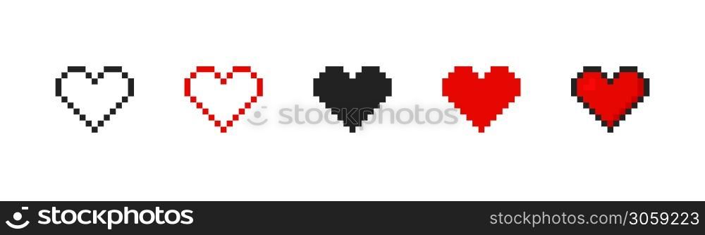 Pixel heart set ison in retro style. Vintage love symbol, 8 bit vector illustration for computer game. Web button