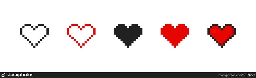 Pixel heart set ison in retro style. Vintage love symbol, 8 bit vector illustration for computer game. Web button
