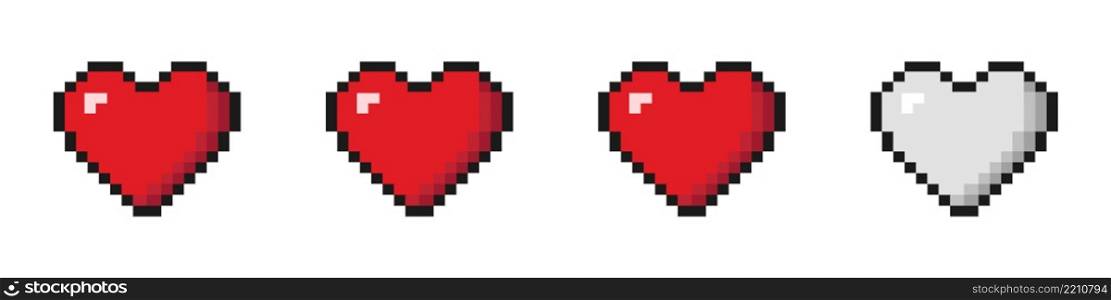 Pixel hearts. 8-bit hearts. Set of heart in video game style.. Pixel hearts. 8-bit hearts. Set of heart in video game style. Retro style.