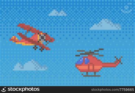 Pixel helicopter and plane for old pixel-game design layout. Air transport flying in sky. Colored propeller pixelated vehicles for monster fighting game. Combat aircrafts while flying among clouds. Pixel helicopter and plane for old pixel-game design layout. Air transport flying in blue sky