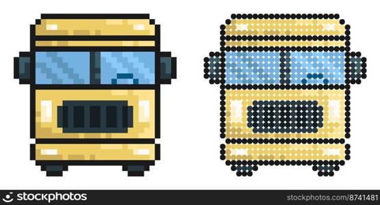 Pixel icon. American school bus. Transport for transporting children to school. Simple retro game vector isolated on white background