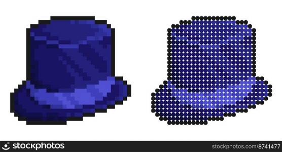 Pixel icon. Blue wizard hat high top hat of magician or illusionist. Simple retro game vector isolated on white background