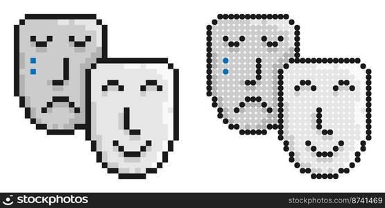 Pixel icon. Comedy and tragic theatrical masks together. Theatrical premieres, circus poster. Simple retro game vector isolated on white background