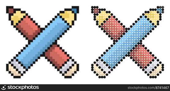 Pixel icon. Crossed school pencils. School stationery. Simple retro game vector isolated on white background