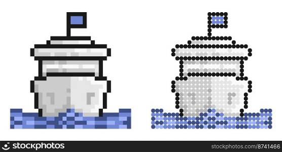 Pixel icon. Cruise ship for ocean voyages around the world. Multi deck liner for sea recreation. Simple retro game vector isolated on white background