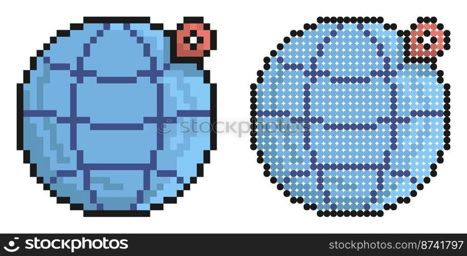 Pixel icon. Globe with checkpoint mark. Navigation on map using GPS system. Simple retro game vector isolated on white background