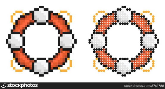 Pixel icon. Life ring. Equipment for rescue of drowning. Simple retro game vector isolated on white background