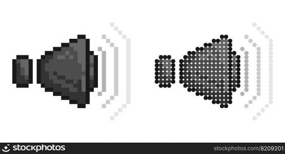 Pixel icon. Musical speakers with sound wave. Volume control. Simple retro game vector isolated on white background