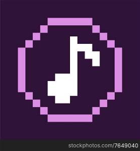 Pixel icon of sound vector, isolated note in circle 8 bit retro game graphics, regulation of music level, navigation button in gaming process flat style. Note Icon, Pixel Game Graphics, Pixelated Sound