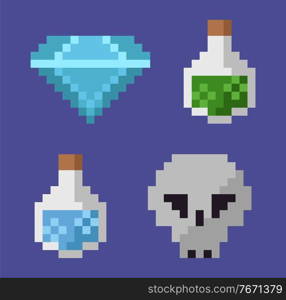 Pixel icons of 8 bit game vector, isolated diamond treasure brilliant and skull, bottles with potions for curing or dying, potions in containers flat style. Diamond and Elixir in Bottles, Skull Pixel Icons