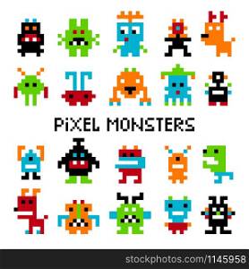 Pixel invaders. Vector computer pixel space or cosmic invader set graphics for vintage arcade video game. Pixel invaders set