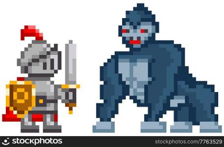 Pixel knight in armor battling with huge monkey. Pixelated warrior holding shield and sword fighting against big gorilla isolated on white. Cartoon pixel-game characters to use in computer game. Pixel knight battling with huge monkey. Warrior holding shield and sword fighting against gorilla