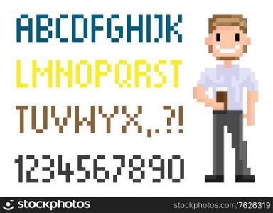 Pixel man vector, alphabet pixelated graphics man with beverage in cup, hipster smiling, abc with pixel numbers and points, 8 bit exclamation mark gamification. Pixel Character with Coffee Beverage, Hipster