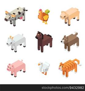 pixel or square figures of animals, livestock and cattle. Isolated cow and chicken, pig and sheep, horse and goose, goat and kitten. Plaything or toys for children, vector in flat style illustration. Funny animal characters, pixel or square figures