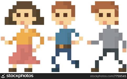 Pixel people for old game layout vector illustration. Design for mobile app, computer game. Cartoon men and woman in pixel style. Characters in casual clothes app isolated on white background. Pixel people for old game layout vector illustration. Design for mobile app, computer game