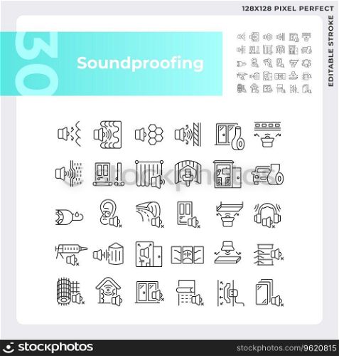 Pixel perfect black icons collection representing soundproofing, editable thin line illustration.. Editable pixel perfect black soundproofing icons collection