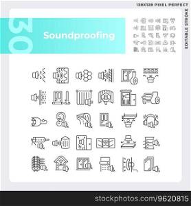 Pixel perfect black icons collection representing soundproofing, editable thin line illustration.. Editable pixel perfect black soundproofing icons collection