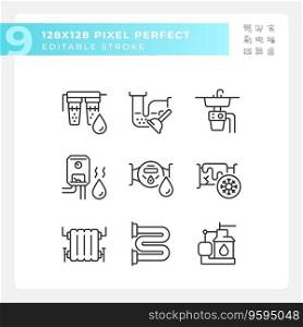 Pixel perfect black icons representing plumbing, editable thin line illustration set.. 2D editable pixel perfect black plumbing icons