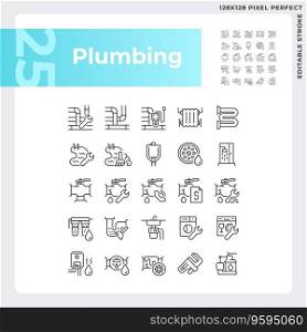 Pixel perfect black icons set representing plumbing, editable thin line illustration.. Editable pixel perfect black plumbing icons set
