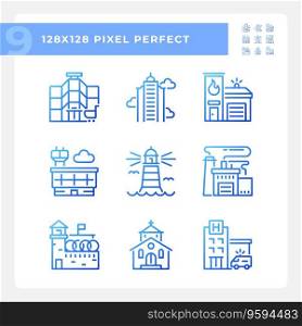 Pixel perfect blue gradient icons representing various architecture, thin line illustration.. 2D pixel perfect blue gradient building icons