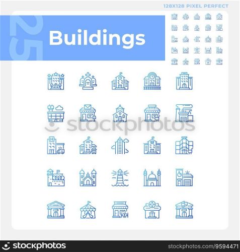 Pixel perfect blue gradient icons set representing various buildings, thin line illustration.. Pixel perfect blue gradient building icons set