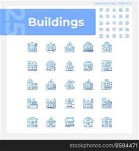 Pixel perfect blue gradient icons set representing various buildings, thin line illustration.. Pixel perfect blue gradient building icons set