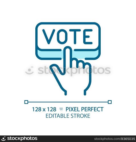 Pixel perfect blue icon of hand pressing vote, vector illustration representing voting, editable election sign.. Editable pixel perfect blue hand voting icon
