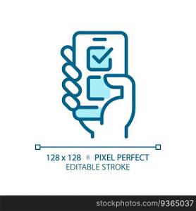 Pixel perfect blue icon of hand voting through smartphone, isolated editable vector representing online voting. Editable pixel perfect icon of voting on smartphone