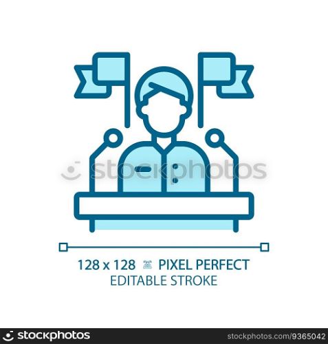 Pixel perfect blue icon representing election candidate with banner, isolated vector illustration of voting, editable sign.. Editable pixel perfect blue election candidate