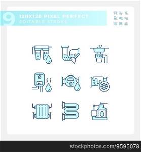 Pixel perfect blue icons representing plumbing, editable thin line illustration set.. 2D editable pixel perfect blue plumbing icons