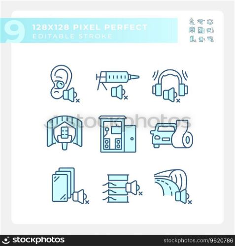 Pixel perfect blue icons representing soundproofing, editable thin linear illustration set.. Editable pixel perfect blue soundproofing line icons